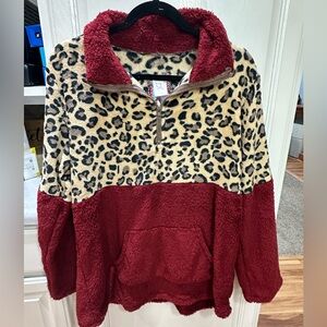 Leopard Print and Burgundy Fleece Women's Pullover